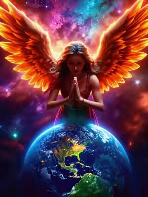 An artistic digital image depicts an angel-like figure with outstretched, fiery wings. The figure, a woman with long, flowing hair, is positioned above a serene image of Earth. The angel is in a prayerful pose, hands clasped, gazing downwards. The background is a vibrant nebula of purples, blues, and pinks, suggesting a celestial scene. The overall composition emphasizes spirituality and serenity.