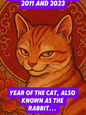 The cover image is a stylized illustration of a cat's face, set within a circular design with a Chinese-style aesthetic. The cat has orange and brown fur with detailed stripes. The cat has a slight smirk, giving it a playful expression. The background features a red circular decorative design, which resembles a lotus flower. There are text overlays in purple rectangles at the top and bottom, providing context about the content. The overall composition is balanced, with warm colors.