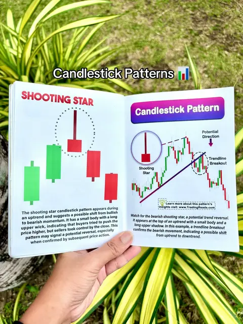 The image shows an open book held by a person, displaying diagrams of candlestick patterns used in trading. The background shows green leaves and grass.
