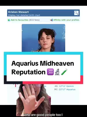 The cover image displays a split layout. The top portion features a screenshot resembling a social media profile, showcasing an image of actress Kristen Stewart. Below, a colorful banner states "Aquarius Midheaven Reputation" along with emojis. The bottom portion shows the hand of a person in the bottom right corner, whose face is shielded, accompanied by additional text.
