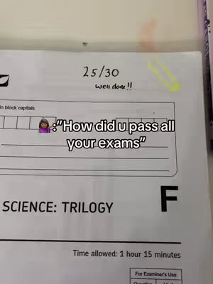 The image shows a student's exam paper with a score of 25/30 and the words "well done!!" written beside it. Text overlayed on the image asks "How did u pass all your exams". The paper is on a white surface.
