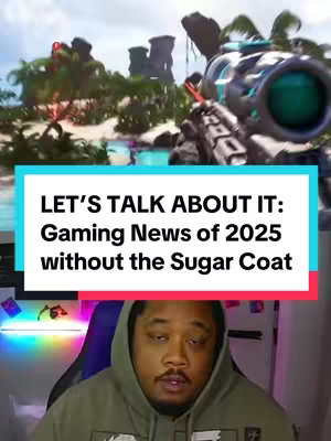 The cover image is split into two sections. The top section features a first-person perspective from a video game with a tropical island setting. The bottom section shows a man wearing a hoodie, looking directly at the camera. A neon light is visible behind him.