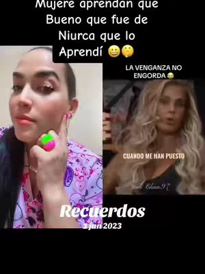 The image is a split-frame with two sections. On the left, a woman with dark hair, wearing a pink top and earrings, is touching the side of her face. She has a large, colorful ring on her finger. On the right is a photo of a woman with blonde hair on a television screen. Text overlays are present at the top and bottom of the image. The overall composition is a mix of personal photo and media.