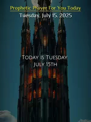An artistic image of a gothic cathedral silhouetted against a dark blue, slightly cloudy background with a full moon. Text overlays in white and gold script detail the date and a daily prayer message.