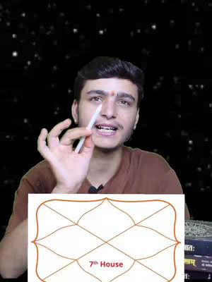 A young man with a bindi is holding a white pen, gesturing towards an astrological chart labeled '7th House'. The background is a dark, starry night.