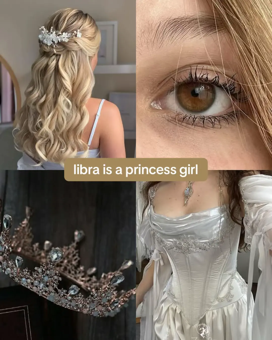 The cover image is a collage of four images arranged in a two-by-two grid. The top left shows the back of a woman with blonde hair styled in loose waves, secured with a floral hairpiece. The top right displays a close-up of a brown eye with long, dark lashes. The bottom left reveals a rose gold tiara adorned with clear and iridescent jewels, and the bottom right shows a woman in a white corset and dress, with an ornate necklace.