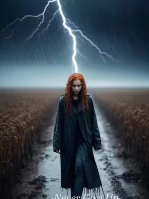 A woman with fiery red hair walks down a muddy path in a field, a lightning bolt strikes down her head. The sky is filled with dark clouds, and the overall mood is dramatic and possibly melancholic.