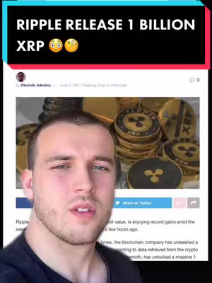 A selfie-style video cover image featuring a man in front of a screenshot of a news article about Ripple (XRP). The man is looking directly at the camera, with text overlays in the top portion of the screen. The article behind him includes multiple XRP coins.