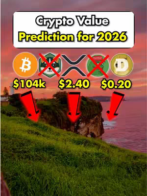 The image presents a scenic view of a green hill overlooking a body of water, likely the sea or a large lake, under a sunset or sunrise sky. The sky transitions from orange near the horizon to a purple hue higher up. Overlayed on the hill is text in a white rectangular box which reads 'Crypto Value Prediction for 2026'. Below this, various cryptocurrency logos (Bitcoin, Shiba Inu, XRP, and another coin) are displayed, with their predicted values and red crossed out some of them. Red arrows point down from each crypto's prediction. The composition is vibrant, using the natural landscape to ground the graphic elements.