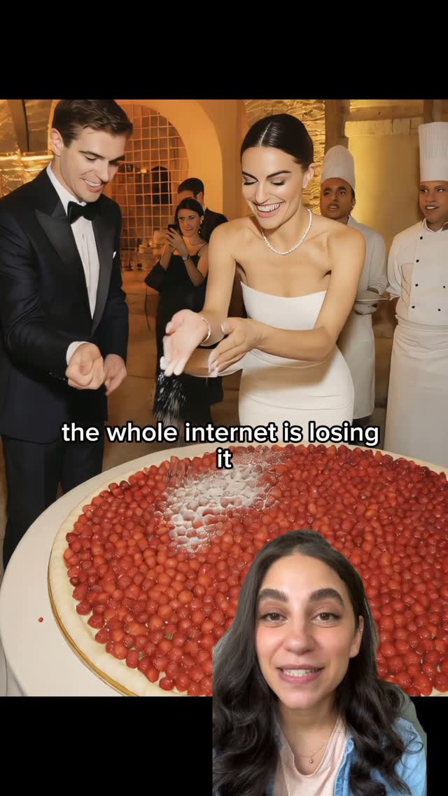 The cover image shows a wedding celebration with a large strawberry tart, a couple, and the creator. The couple are standing over a large, round strawberry tart, with the bride in a white dress and the groom in a black tuxedo. The bride is sprinkling something on top of the cake over the tart. The creator, a woman, is shown in the bottom right corner, smiling at the camera.