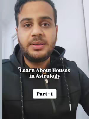 A man in a black hoodie is centered in the frame, looking directly at the camera in a well-lit setting. Text overlayed on the image spells out "Learn About Houses in Astrology" along with the "Part - 1" indicator with a white background.