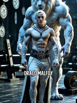 The image is a stylized digital artwork featuring a shirtless man with fair skin, muscular build, and platinum blonde hair, resembling Draco Malfoy from Harry Potter. He is standing in a gym setting, with a white muscle-bound creature in the background. The man is wearing white and silver stylized workout attire, with intricate designs. The image has a professional, polished look, likely created with AI or digital art tools.