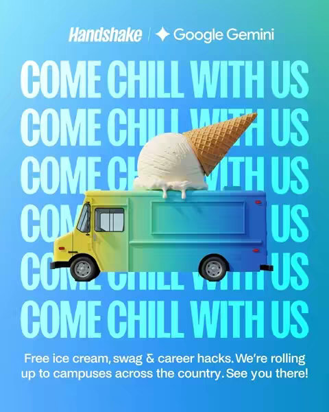 A gradient blue background with the words "COME CHILL WITH US" repeated several times. An ice cream truck graphic is centered at the bottom, with a large ice cream cone seemingly melting on top. The logos for "Handshake" and "Google Gemini" appear at the top.