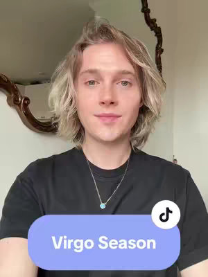 A cover image features a person with light hair and a black t-shirt looking at the camera with a casual expression. A light blue rounded rectangle with the text "Virgo Season" sits at the bottom of the frame. There is a TikTok logo on the right side of the blue rectangle.