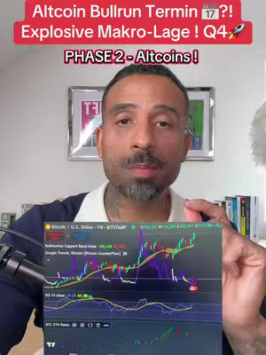 A man with a beard and a dark shirt holds a tablet showing a cryptocurrency chart, positioned for a vertical video. Text overlays in red and white near the top read, 'Altcoin Bullrun Termin?! Explosive Makro-Lage! Q4 PHASE 2 - Altcoins!' The background includes a blurred interior with framed artwork and a shelf of books.