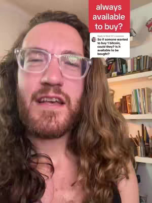 A man wearing glasses is centered in the frame, looking into the camera and talking. To the right of his head is a red rectangular box with white text that says 'always available to buy?'. Below this is a white box overlaid on the image that poses a question.