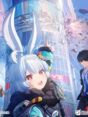 The cover image is a vibrant, anime-style illustration set against a futuristic cityscape. In the foreground, a character with blue hair, large white bunny ears, and a mask smiles and points. Behind them, another character with black hair stands with a serious expression. The background is a dynamic cityscape with a partially destroyed building.