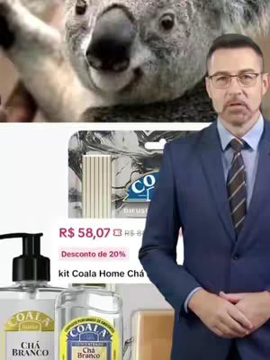 The cover image is a composite showcasing a man in a suit alongside various product shots and a koala image. On the top there is a koala bear. Next to the koala is a man, with glasses. The man is wearing a suit and tie. Below them there is the product shot, the product shows a perfume and a cleaning aid and its price.