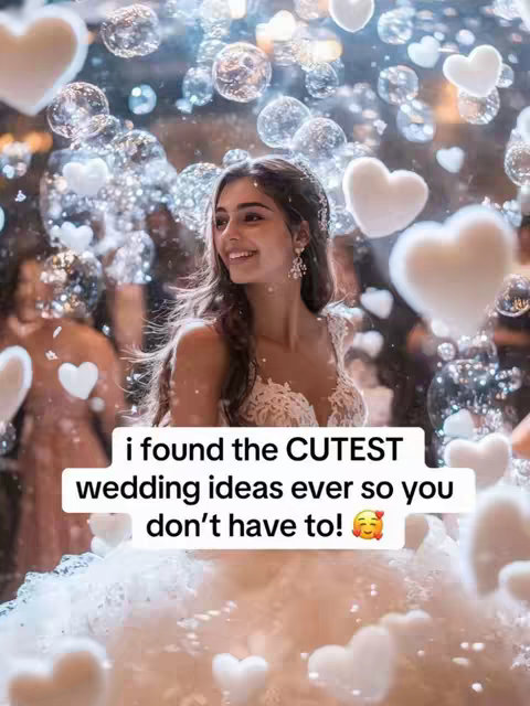 A young woman in a wedding dress smiles, surrounded by floating bubbles and heart-shaped decorations. The background is blurred, suggesting a festive atmosphere.