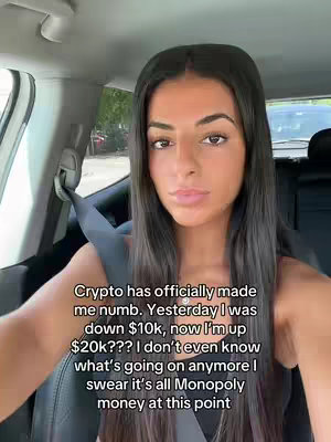 The image shows a woman seated in the driver's seat of a car, looking directly at the camera. Text overlays detail her thoughts on crypto and her financial situation.