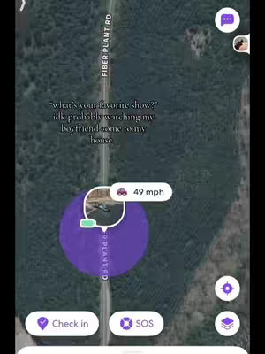 The cover image is a screenshot from the Life360 app, showing a map with a location highlighted within a purple circle. Text overlays include the phrase "what's your favorite show?" and a dialogue response. The overall aesthetic is a blend of utility and social media style, utilizing app UI elements and overlaid text in a dynamic composition.