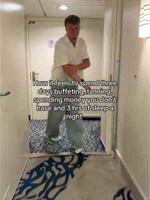 A man stands in a hallway, looking directly at the camera. He is wearing a white shirt and light-colored pants. The text overlay describes the feeling after a three-day cruise.
