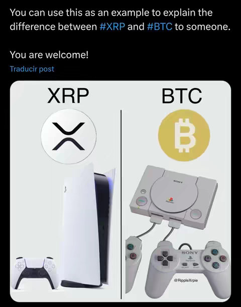 The image is structured as a comparison, with two sections: 'XRP' on the left, and 'BTC' on the right. The background is a plain light color. The 'XRP' side features the XRP logo overlaid with a white PlayStation 5 console and a white PS5 controller. The 'BTC' side includes the Bitcoin logo adjacent to an older PlayStation 1 console and two classic controllers. Text overlays labels each section and identifies the user.