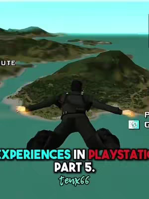 An image from a video game, with a character in a black suit, mid-air, arms outstretched, appearing to be parachuting over islands and water. Text overlays add context.
