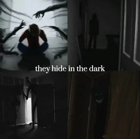 A four-panel image with a dark, eerie atmosphere. The top left panel shows a person sitting with their head down, surrounded by shadowy hands. The top right panel features a dark silhouette standing in a dim hallway. The bottom left panel shows two slender, dark figures in a doorframe. The bottom right panel displays a grinning, shadowy figure peeking from around a door.