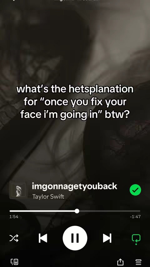 The cover image features a dark, blurred background. Covering a part of the image is a spotify interface displaying a song titled "imgonnagetyouback" by "Taylor Swift." On top are the words "what's the hetsplanation for "once you fix your face i'm going in" btw?".