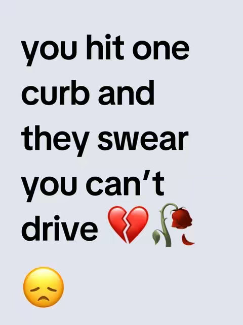 The image features white background with large black text in a bold font, and several emojis. The text is vertically stacked, with the words 'you hit one curb and they swear you can't drive'.  Emojis include a broken heart, a wilting rose, and a saddened face icon.