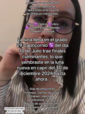 A selfie-style shot of a woman with dark hair and glasses, looking towards the camera. Text overlays the image in a mix of bold and regular fonts, with a variety of astrological symbols. The background is a soft, blurred setting.