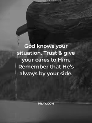 A grayscale image features a natural, weathered wooden structure with water flowing from it. Overlayed on the image is white text with a message of faith and reassurance against a backdrop of blurred scenery.
