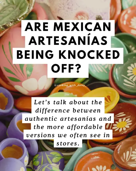 The image is a close-up shot featuring a vibrant collection of Mexican artisan pottery pieces. The composition is filled with an assortment of colorful bowls, plates, and decorative items, predominantly in shades of pink, green, yellow, blue, and terracotta. Overlaid on this background are bold white and orange rectangular text boxes with black text. The overall aesthetic is bright and the image is set up to draw attention to the text.