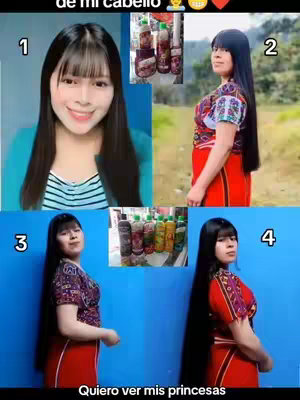 A collage of four images featuring a woman with long black hair and a red outfit. In the upper left, she smiles at the camera. Top right and bottom right show her in a side view, with her hair down, the bottom right one pointing towards the right. The bottom left shows her in a similar pose. The background varies with each image. Two additional images are placed in the collage: a set of hair treatment bottles.