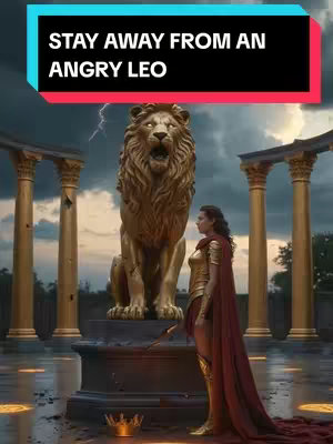 The image features a dramatic, fantasy-inspired scene. A gold lion statue is the centerpiece, with its mouth open as if roaring. A woman in golden armor and a flowing red cape stands to the right of the lion, looking towards the statue. The background includes classical columns, a stormy sky with lightning, and a ground surface that appears wet, possibly from rain. The overall composition combines mythological elements with a sense of power and warning.