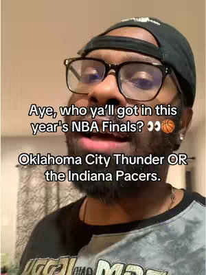 A selfie-style shot with the creator in the foreground, a dark-skinned man with glasses and a black hat. Text overlays asking viewers who they have in the NBA finals. The background is blurred.