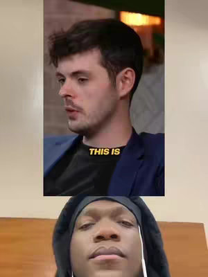 The cover image is split into two sections. The top section features a man in a blue blazer, with the text "THIS IS" overlaid in yellow. The bottom section shows a different man wearing a black hoodie and white earphones, looking directly at the camera. The background is a plain beige wall.