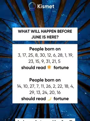 The image is vertically oriented, featuring a night sky background with a multitude of small, white dots suggesting stars. Overlaid on this are brown, vertical lines that give the impression of tree branches. A white rectangular box near the top displays the Kismet logo, and another contains the title 'WHAT WILL HAPPEN BEFORE JUNE IS HERE?'. Below this is further text split into two sections with dates, offering a fortune based on those dates.