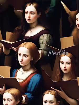 An artistic rendering of a group of women, possibly in medieval attire, in a dark setting. They appear to be singing or engaging in a similar activity while holding open books or music sheets. The focus is on their faces, which have a serene and artful quality, and the overall composition evokes a classical atmosphere. Colors are muted, with a focus on dark browns and blacks, contrasted with the skin tones and lighter elements of their clothing.