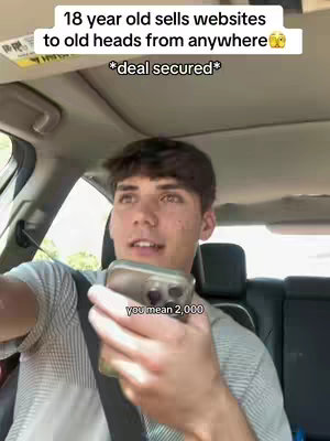 A young man is seated in a car, holding his phone. The caption states, "18 year old sells websites..." with text overlaid in the image.