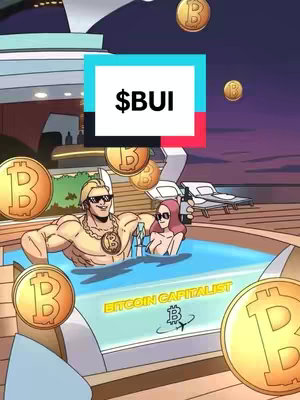 An animated image showcasing a muscular man and a woman in a pool, surrounded by gold coins. The background suggests a luxury setting with a skyline at dusk. A text overlay states ‘$BUI’.