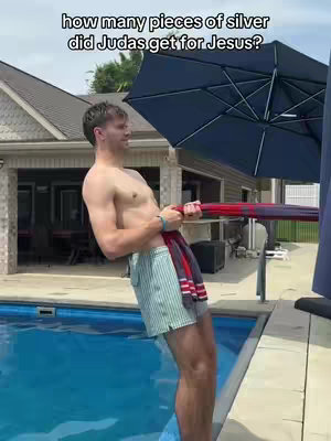 A shirtless man stands poolside, pulling on a red and white striped towel, with water behind him. Text overlay asks a question about the Bible.