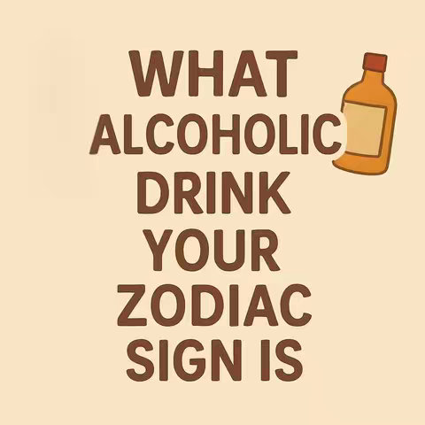 The cover image features text in a brown color and an illustration of a bottle. The text reads "WHAT ALCOHOLIC DRINK YOUR ZODIAC SIGN IS". The image has a light beige background.