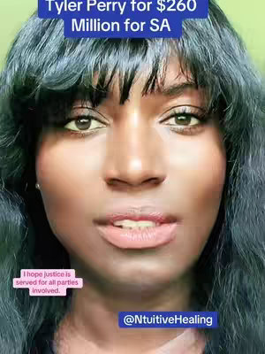 Close-up of a woman with long, dark hair and fair skin. The woman has a neutral expression with her lips slightly parted. Overlaid on the image are text boxes with information about Tyler Perry, a legal case, and the creator's commentary.