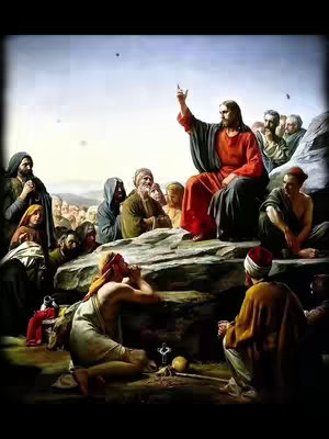 An artistic depiction of Jesus preaching to a crowd, set outdoors with a light blue sky. Jesus is seated on a rock, wearing a red robe and dark cloak, raising his right hand. A crowd of various people listen, some in prayer. Warm lighting and a painterly style enhance the historical and religious theme.