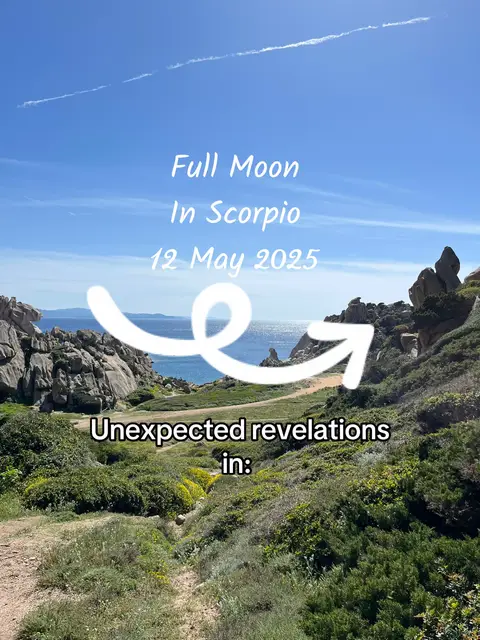 A scenic view featuring a path winding through a landscape with rocky terrain, greenery, and a body of water in the distance, under a vibrant blue sky with a few clouds. Overlayed with text that indicates a full moon event.