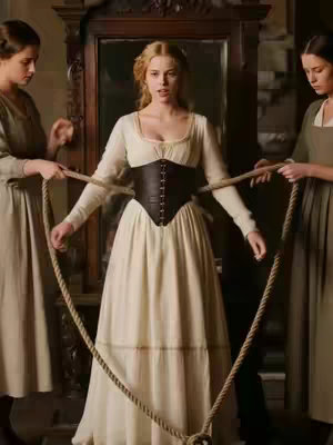 A woman, the central figure, stands in a period-style dress with a corset, flanked by two other women who appear to be tightening ropes around her. The setting suggests a historical interior with a large mirror in the background. The color palette leans towards muted tones, with off-white, brown, and olive shades dominating, creating a sense of the past. The composition is centered on the woman in the corset, with the other figures framing her, suggesting they're assisting her. The overall composition emphasizes the subject's central position and the act of her being laced into her corset.