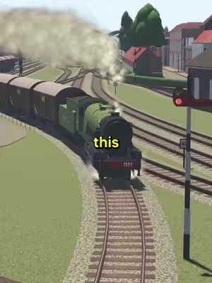 A stylized image of a train in a virtual environment. The train, colored in shades of green, black, and red, is moving along a curved track in the foreground, with a cloud of smoke billowing from its chimney. The background shows a stylized landscape with buildings and trees, and a semaphore signal post at the right edge of the frame. The words 'this' are overlaid on the train in a yellow font.