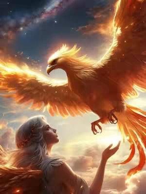 A digital art piece depicting a woman looking up at a phoenix. The phoenix is in mid-flight with outstretched wings, fiery and golden in color. The woman is silhouetted against the bright light of the setting sun, creating a sense of wonder and awe. The overall composition is balanced, with attention grabbing colors.